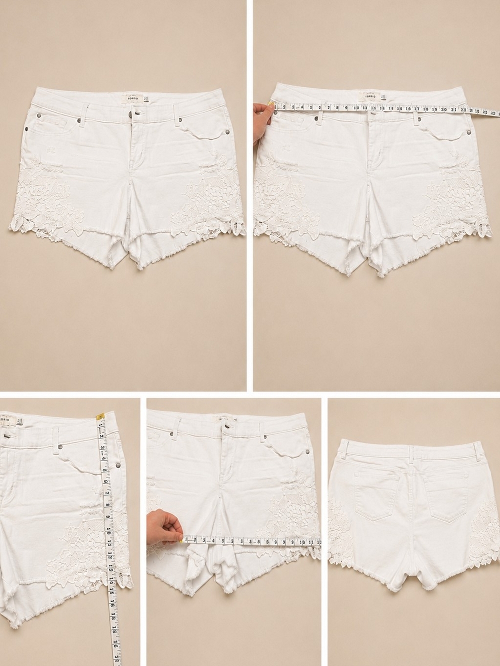 Torrid White Lace Crochet Distressed Denim Shorts | Size 22 | Boho Festival Plus
